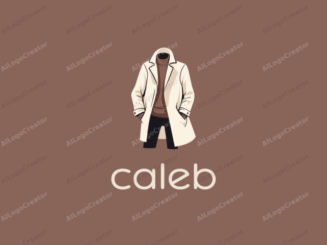 a minimalist digital drawing in a flat, modern graphic style. The image features a mannequin headless figure set against a solid, muted brown background. The mannequin is clad in a chic, off-white overcoat that is open,