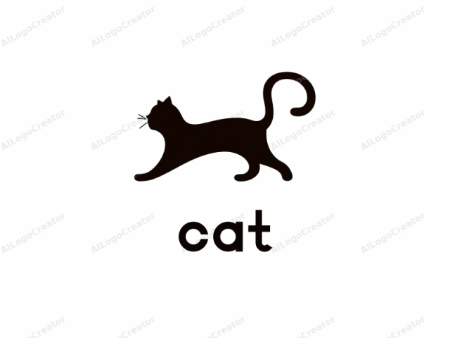 Das Bild zeigt eine minimalistische schwarze Silhouette einer Katze im Profil, die nach links blickt. Die Katze ist in einem stilisierten, cartoonartigen Stil mit kräftigen, klaren Linien und einer glatten, abgerundeten Form dargestellt. Kopf und Körper sind gestreckt,