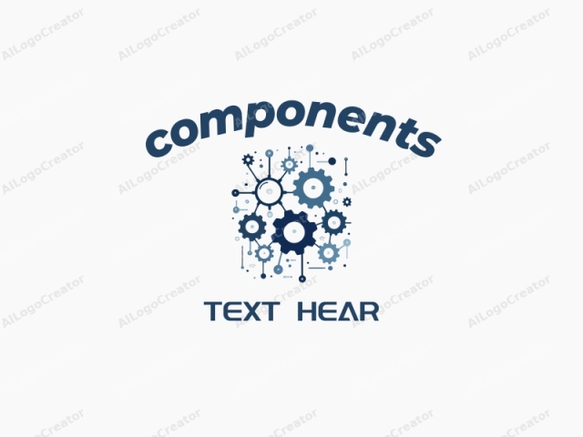 This image features a stylized, abstract design in a minimalist, digital art style. The main subject is a collection of interlocking gears, varying in size and color, arranged in a complex, overlapping pattern. The gears are predominantly navy blue,