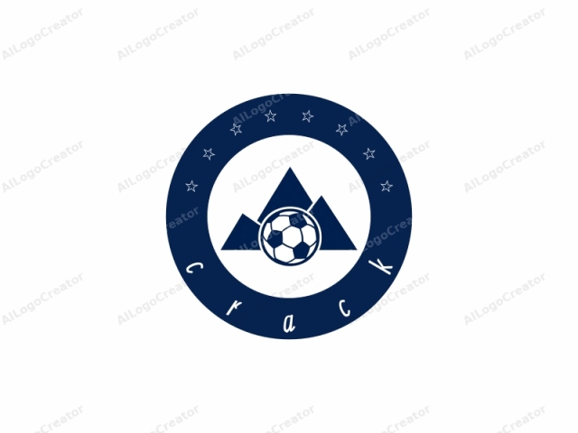 This image is a simple, minimalist logo consisting of a dark blue soccer ball centered at the base of three dark blue, triangular mountain peaks. The soccer ball is a standard design, with black pentagons and white hexagons arranged in a