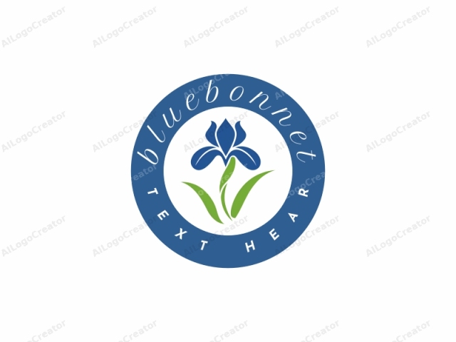 focusing on its artistic qualities and symbolic meaning. This logo image features a simple and stylized illustration of a blue iris flower set against a clean white background. The flower is depicted in a minimalist, modern design, with the petals and sepals rendered