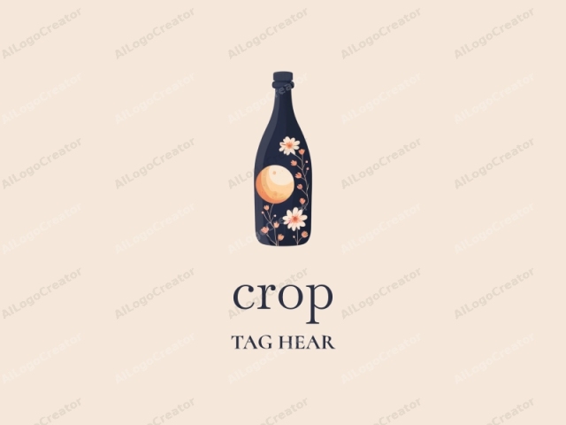 in the form of a digital illustration. This image depicts a black glass bottle against a light beige background. The bottle has a dark navy-blue body and a cork stopper at its neck. The front of the bottle is adorned with a detailed, styl