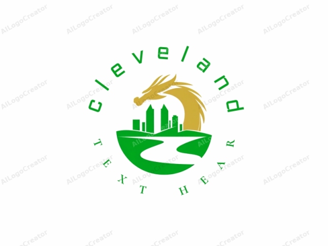 This logo features a stylized, abstract design with a clean, minimalist aesthetic. The image primarily consists of two main colors: green and gold. The upper part of the logo depicts a large, majestic dragon with sharp, curving horns and a