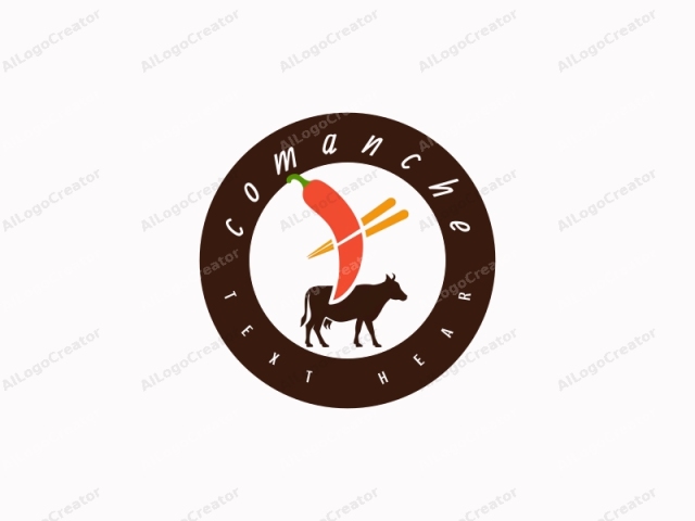 Das Logo ist eine minimalistische, stilisierte Illustration, die eine Silhouette eines Stiers im Vordergrund und eine leuchtend rote Chili-Schote sowie zwei Stäbchen im Hintergrund zeigt. Der Stier, in festem Braun dargestellt, steht aufrecht und blickt nach rechts. Sein