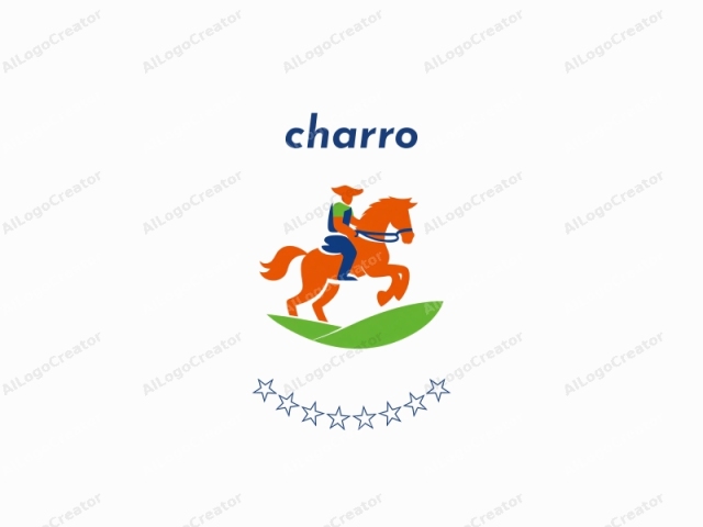 a stylized horse and rider. This minimalist logo features a vibrant, orange horse with a dynamic pose, captured mid-gallop with one front leg raised and the other three feet firmly planted on a stylized green ground. The rider, also