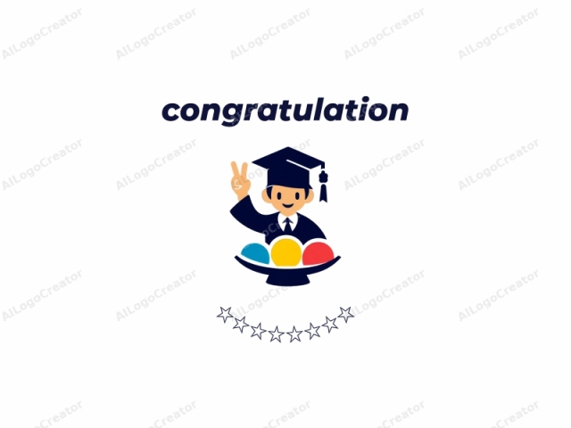 This is a digital logo featuring a stylized cartoon character of a graduate student. The character has light skin, a small nose, and a broad, happy smile. They are depicted from the waist up, with their right arm raised, giving a