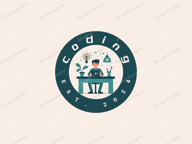 depicting a stylized, minimalist cartoon illustration. The image features a male figure, simplified with a clean, flat design and no shading or gradients. He sits at a rectangular desk, facing forward with a determined expression. The figure is dressed in a