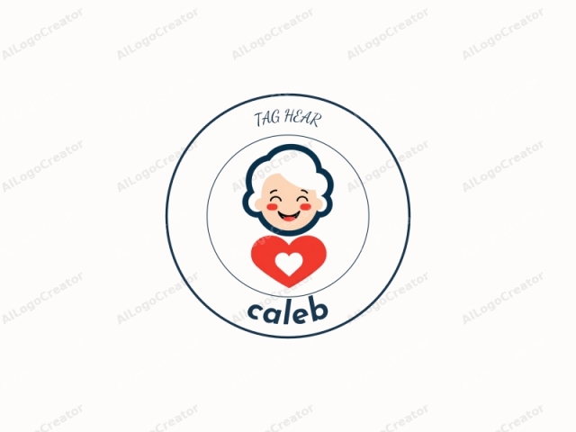 This is a simple, digital vector illustration of an elderly woman with a cheerful expression. The character has a round, happy face with large, closed eyes, a small nose, and a wide, smiling mouth. She has two rosy red blush