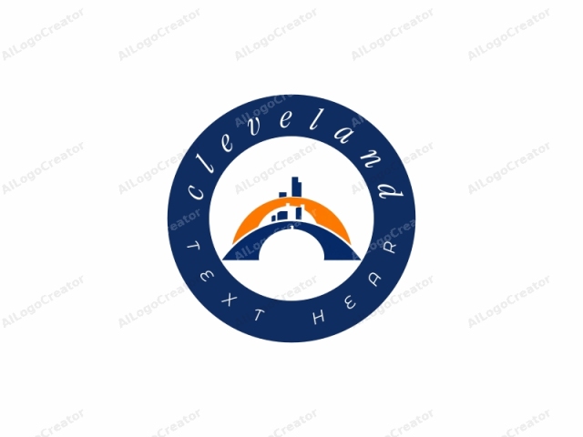 depicting a stylized abstract cityscape. The image features a prominent, arching bridge spanning horizontally across the top. The bridge has a smooth, curved arc, painted in a deep navy blue color. Above the bridge, a vibrant orange half-circle