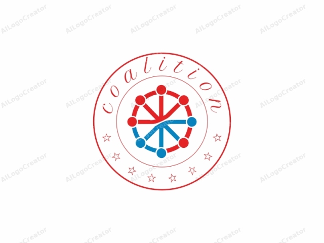 This logo is a minimalist graphic designed in a flat, modern style. It consists of a circle divided horizontally by a blue line at its center, representing the separation of two distinct parts. The circle is filled with eight equal-sized red and blue circles