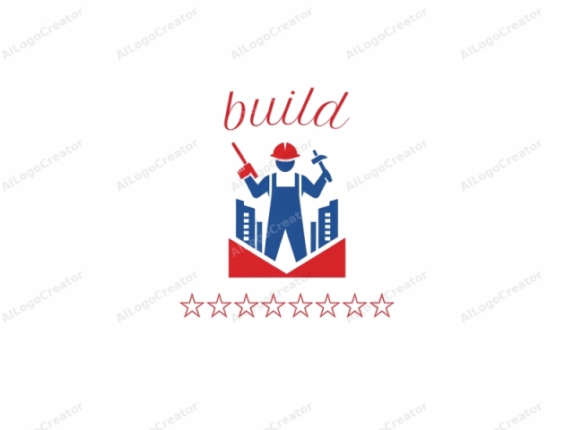 depicting a construction worker in a red hard hat. This minimalist vector illustration features a bold, stylized iconography in red and blue. The construction worker is depicted in blue, wearing a hard hat and overalls, holding a hammer in his right