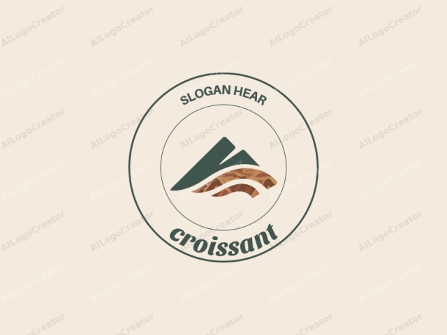 This logo features a minimalist and abstract design. The background is a smooth, off-white color that provides a clean and neutral canvas for the logo's elements. The central motif consists of a stylized mountain shape rendered in a deep teal green, positioned