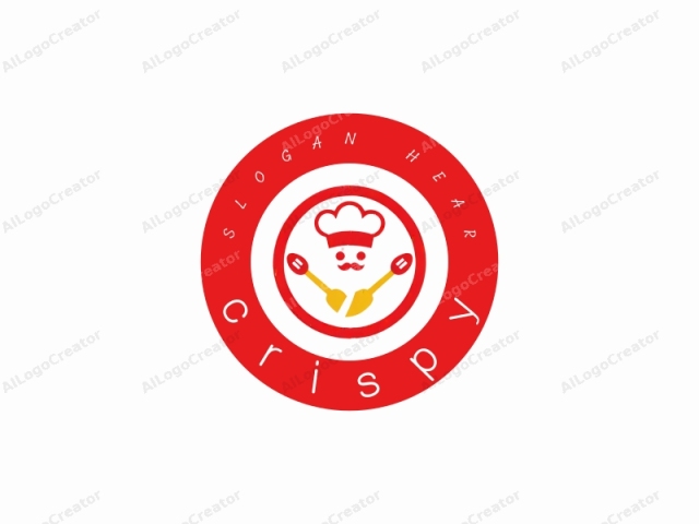 El logotipo presenta un diseño simple pero icónico, que se asemeja a un chef estilizado. En su centro hay un círculo rojo, dentro del cual hay tres herramientas culinarias esenciales: un sombrero de chef, comúnmente conocido como toque, una cuchara y una espátula