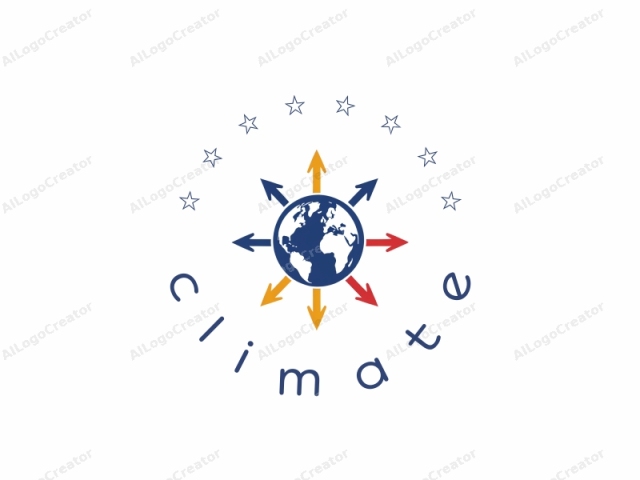 which features a stylized globe with a flat design. This minimalist logo depicts a simplified, dark blue outline of the continents, with the United States prominently displayed in the center. Surrounding the globe are eight large, equally spaced, directional arrows in