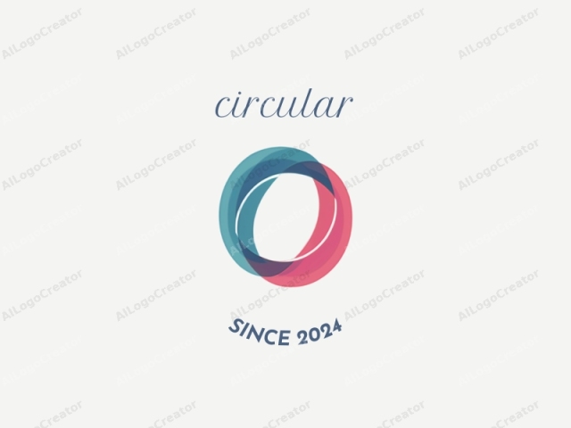 an abstract, modern design. The image is a digital rendering featuring a circular logo composed of two interlocking loops. The loops are rendered in vibrant hues of teal and pink, creating a sense of movement and fluidity. The teal loop forms the