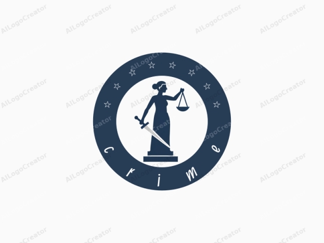 This logo image features a minimalist, monochromatic design. It depicts a stylized, solid silhouette of a woman in a flowing robe, holding a balance scale in her right hand. The figure is rendered in a deep navy blue color against a