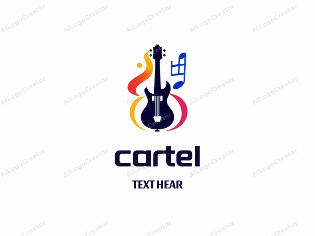 centrándose en sus elementos, estilo y simbolismo. Este es un logo gráfico digital que presenta una guitarra eléctrica estilizada sobre un fondo blanco liso. La guitarra está representada en azul oscuro, con el mástil y el cuerpo simplificados en líneas suaves y curvas.