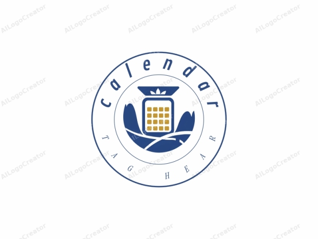 This logo is a stylized, minimalist graphic with a modern design. The central subject is an abstract representation of a coffee bean grinder, depicted in a blue and gold color scheme. The grinder has a rectangular body with a grid of small squares on