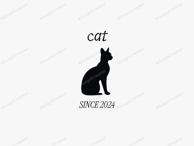 Das Bild zeigt eine minimalistische, schwarze Silhouette einer Katze, die aufrecht sitzt und ihren Schwanz nach rechts gerollt hat. Die Silhouette der Katze ist im Profil zu sehen, leicht nach rechts gerichtet, mit nach oben gerichteten Ohren, was Wachsamkeit oder Neugierde suggeriert.