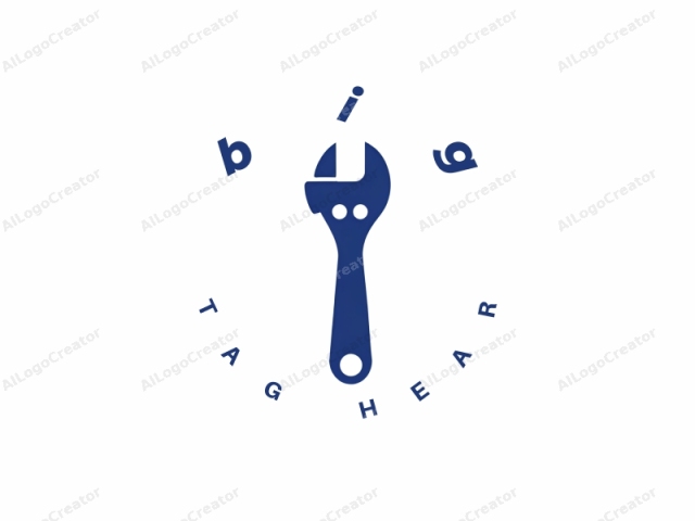 focusing on its visual elements. This is a simplistic, minimalist logo depicting a dark blue wrench set against a stark white background. The wrench is portrayed in an abstract, flat style with sharp edges, lacking intricate details or shading. It has a classic