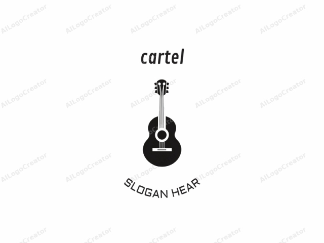 un diseño minimalista en blanco y negro. Esta imagen presenta una silueta estilizada de una guitarra acústica. La guitarra se representa con un relleno negro sólido sobre un fondo blanco puro, destacando su forma y estructura. El cuerpo de la guitarra, típicamente redondo o ovalado