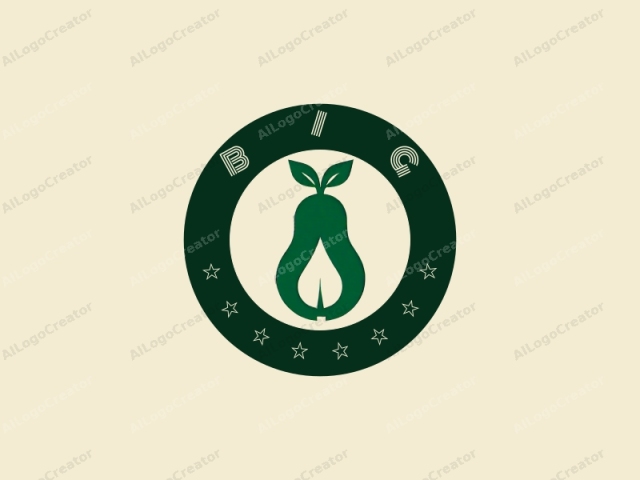 which is minimalist in style and uses only two colors: green and off-white. The image features a simplified, stylized representation of a pear. The pear is depicted in a solid green, with two small, symmetrical, pointed leaves emerging from