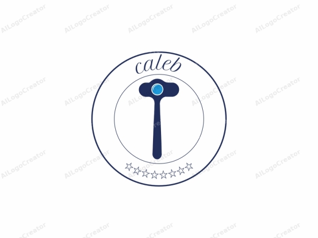 This is a minimalist, digital illustration of a hammer with a blue circular head and a dark blue handle. The hammer has a distinct, modern aesthetic with clean lines and simple shapes. The head of the hammer, which appears to be the working part