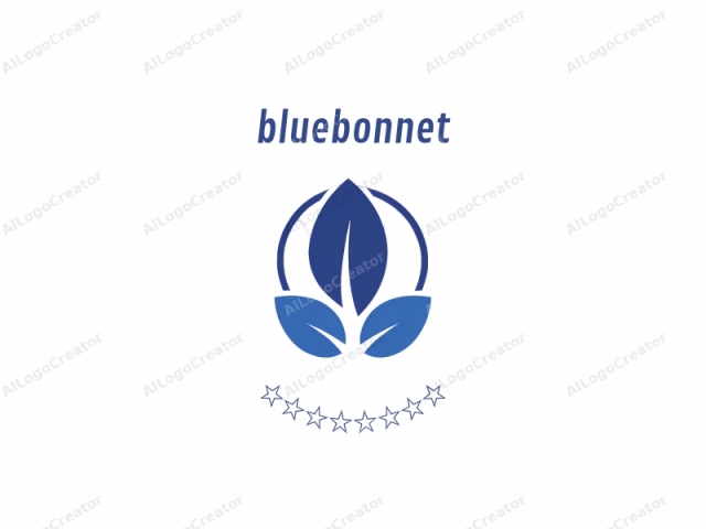 describing its composition, style, and mood in a detailed and descriptive manner. This is a minimalist digital logo, featuring a circular design. At its center, there is a large, stylized leaf, rendered in a deep blue hue. The leaf