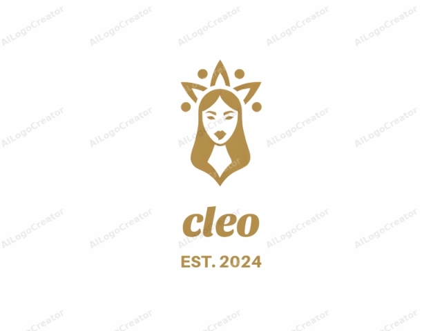 en un estilo de diseño minimalista y moderno. La imagen presenta una figura femenina estilizada sobre un fondo blanco liso. La figura está representada en un color amarillo dorado audaz, dándole una apariencia regia y elegante. El diseño es simétrico y limpio