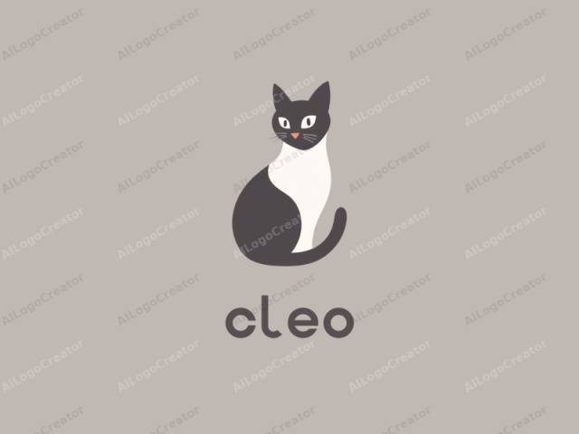 La imagen es una ilustración digital minimalista de un gato sentado. El gato tiene un pelaje principalmente negro con el frente, el vientre y las patas internas blancas, lo que le da una apariencia distintiva de dos tonos. Los ojos del gato son grandes y redondos con esclerótica blanca.