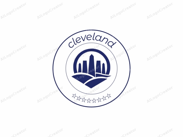 This is a digital logo design featuring a minimalist, modern style. The logo is composed of a single color, deep navy blue, on a plain white background. The primary elements are a circular emblem and a stylized landscape. At the center of