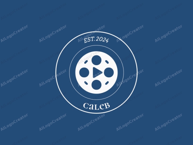 which depicts a stylized film reel. The image features a simplified, white film reel centered against a solid, deep blue background. The film reel is rendered in a flat, minimalist design, consisting of a circular main body with six evenly spaced holes