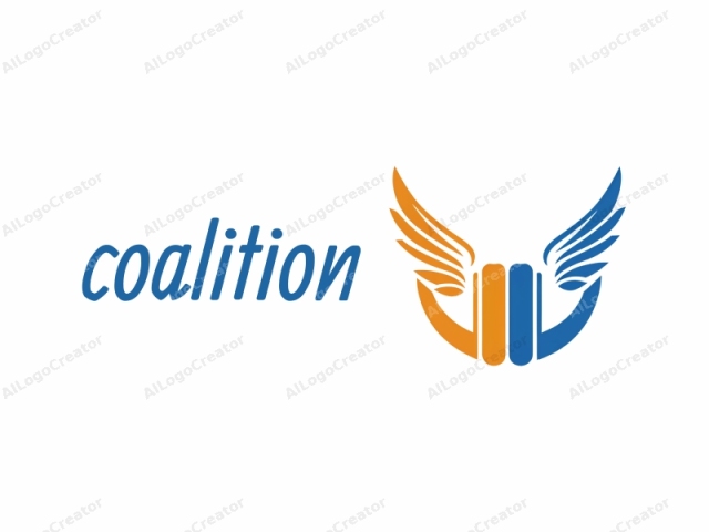 This is a stylized, abstract logo consisting of two primary colors: blue and orange. The design features two large, symmetrical wings, one on either side of the central vertical line. The wings are outlined in a sleek, modern design,