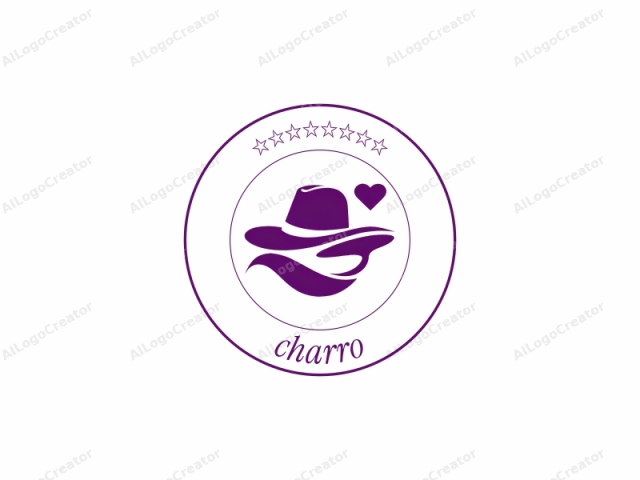 The image is a digital vector illustration in a simple, minimalist style. It features a prominent purple silhouette of a cowboy hat with a small, matching heart adjacent to the brim on the right. The hat's brim is curved and slightly waved