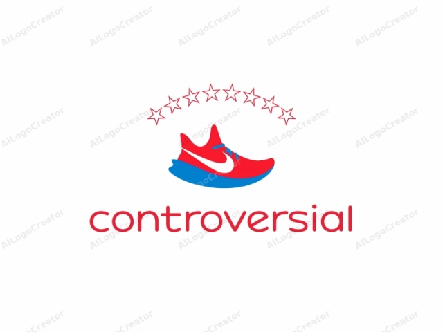 Das Bild ist eine minimalistische Logo-Illustration, die ein Paar Sneakers darstellt, auf wesentliche Formen und Farben reduziert. Die Sneakers haben ein lebhaftes rotes Obermaterial mit einem markanten, weißen Nike-Swoosh-Logo in der Mitte und eine leuchtend blaue Sohle. Das rote Obermaterial