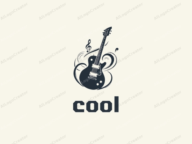 Este es un logo digital en blanco y negro, con un diseño elegante y moderno con un enfoque minimalista. El punto focal es una guitarra eléctrica negra sólida, con el cuerpo ligeramente inclinado hacia el espectador. La pala de la guitarra, que presenta seis cuerdas y