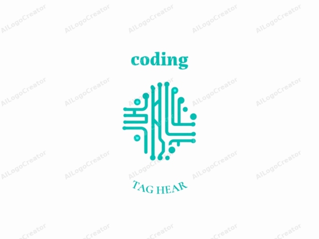 This is a clean, minimalist logo design featuring intricate, linear geometric shapes in a bright turquoise hue against a plain white background. The central figure is a complex circuit board schematic composed of intersecting lines and circles, arranged in a symmetrical, square