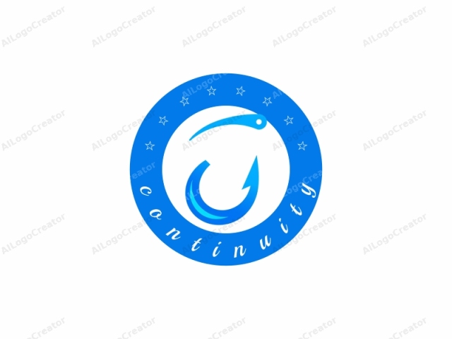 a stylized fish hook. The image features a minimalist design, prominently showcasing a fish hook. The hook is depicted in vibrant shades of blue, transitioning from a deep, rich blue at its tip to a lighter, almost aqua hue near its