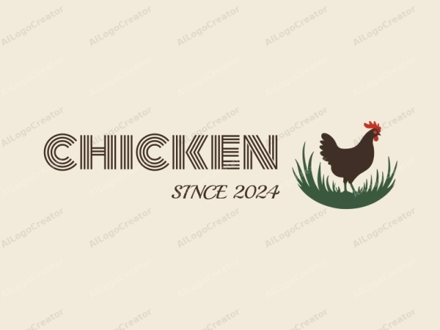 The logo is a minimalist, stylized illustration depicting a chicken standing atop a bed of green grass. The chicken is rendered in dark brown, with a distinct red comb and wattle on its head, and a small black beak. The grass