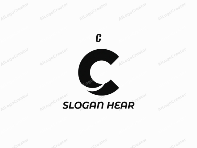This is a simple, modern, and minimalistic logo featuring a large, bold, black letter "C" with a unique curved design element at its lower left corner, giving it a dynamic and slightly flowing appearance. The letter "C" occupies