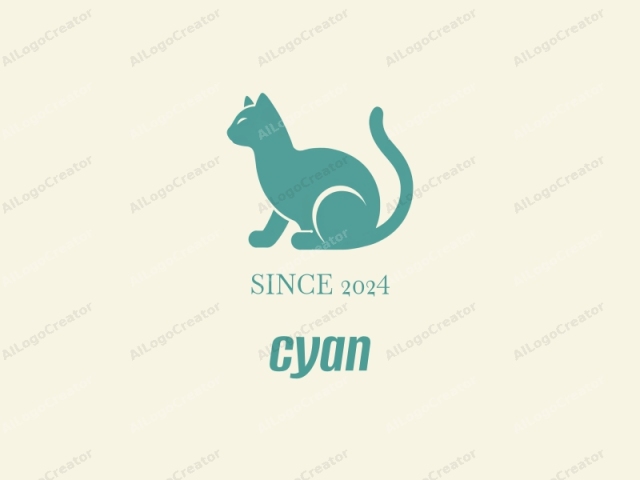 which uses a minimalistic, flat art style. The image is a minimalist logo in the form of a teal-colored silhouette of a cat. The cat is depicted sitting on its hind legs, with a relaxed and confident posture, facing slightly to the