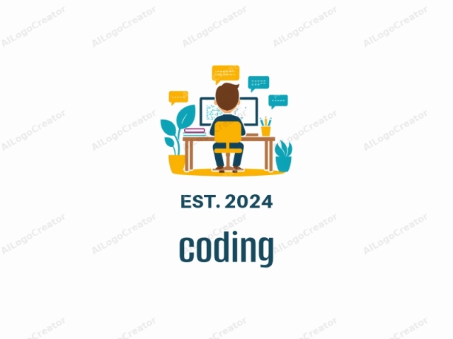 This is a colorful, flat-digital illustration featuring a young man sitting in front of a computer, working on a programming task. The man is centrally positioned, facing away from the viewer. He has brown hair, which is styled in a neat