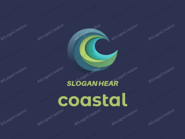 in the context of an abstract, minimalist design. The image features a stylized wave composed of multiple, overlapping, and concentric curved lines. The wave is rendered in shades of teal, green, and blue, with each color gradient transitioning smoothly into