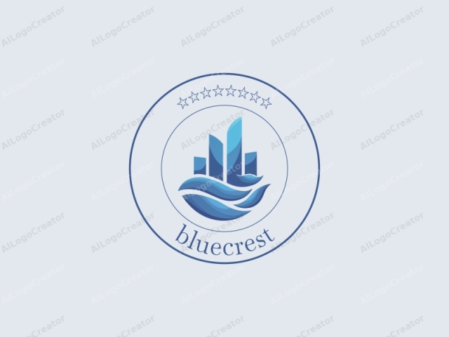 a stylized water wave. The logo features a clean, abstract design composed primarily of varying shades of blue. At the center, a stylized representation of a water wave is depicted using smooth, flowing lines and curved shapes. The wave has a