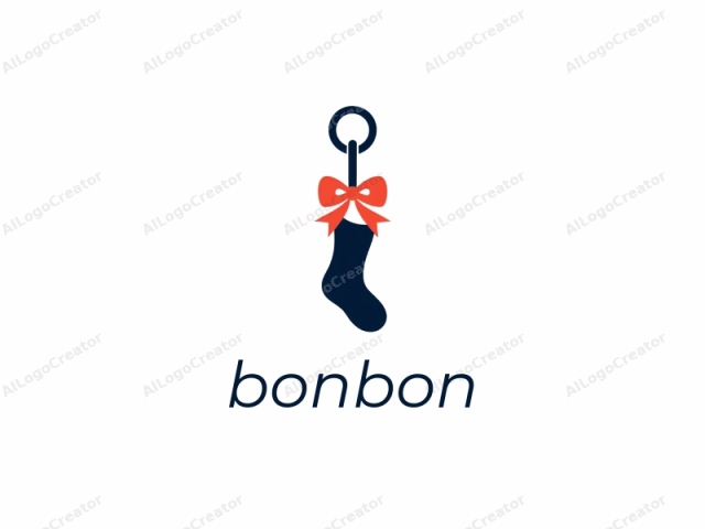 a Christmas ornament featuring a red ribbon and bow. The logo is a minimalist, flat graphic design, characterized by clean lines and bold, solid colors. The image depicts a dark blue, stylized Christmas stocking suspended by a dark blue circle at the