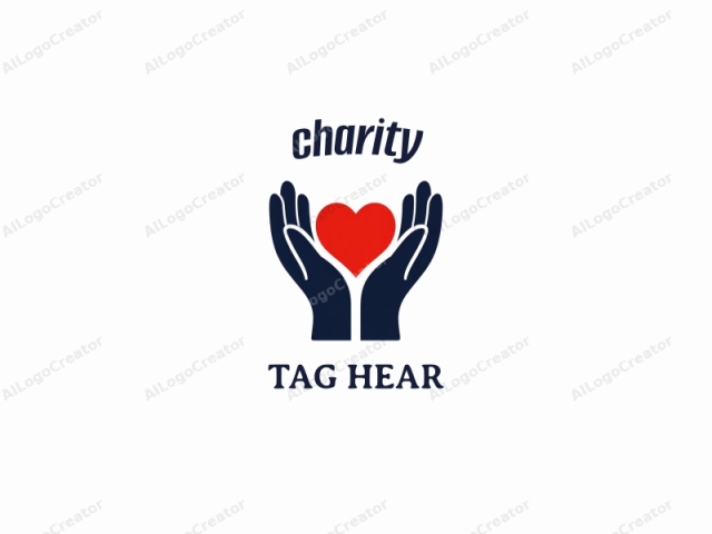 The logo image features a minimalist, symbolic design. The primary subject is a pair of dark blue, stylized hands held together in a gentle, protective manner, with the palms facing upwards. Centered between the hands is a bold, vivid red