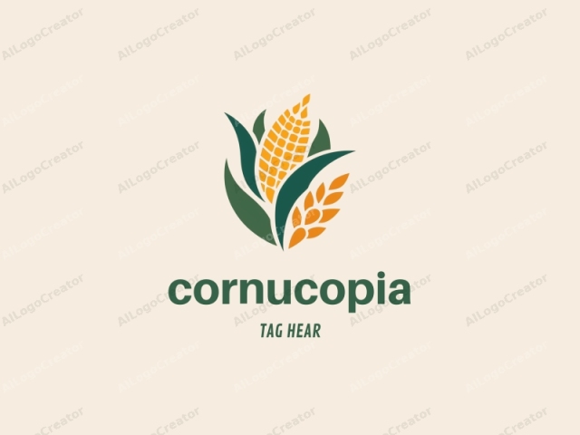 This image is a simplified, vector-style logo depicting a corn ear. The corn ear is positioned centrally and is composed of four main elements: the cob, two large green leaves, and two smaller ears of corn. The cob is a rich yellow