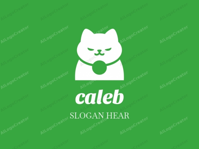 This is a minimalist, vector-based logo featuring a white cat silhouette against a bright green background. The cat is facing forward, with a stern expression, and its body is simplified into basic shapes: a circle for its head, a square for its