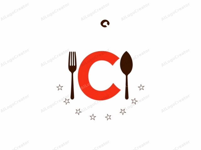 This is a minimalist, modern logo featuring a combination of bold colors and clean lines. The design includes a large, red capital "C" with a thick, rounded edge. Centered beneath the "C" are three elements: a fork on