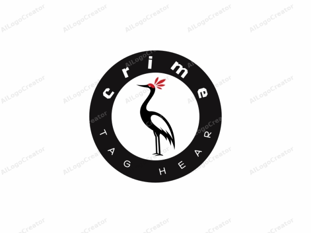 This is a simple, stylized drawing of a crane. The crane is depicted with a sleek, minimalist design, featuring a black silhouette body and a prominent red crest. The bird stands upright, facing slightly to the right, with its long neck